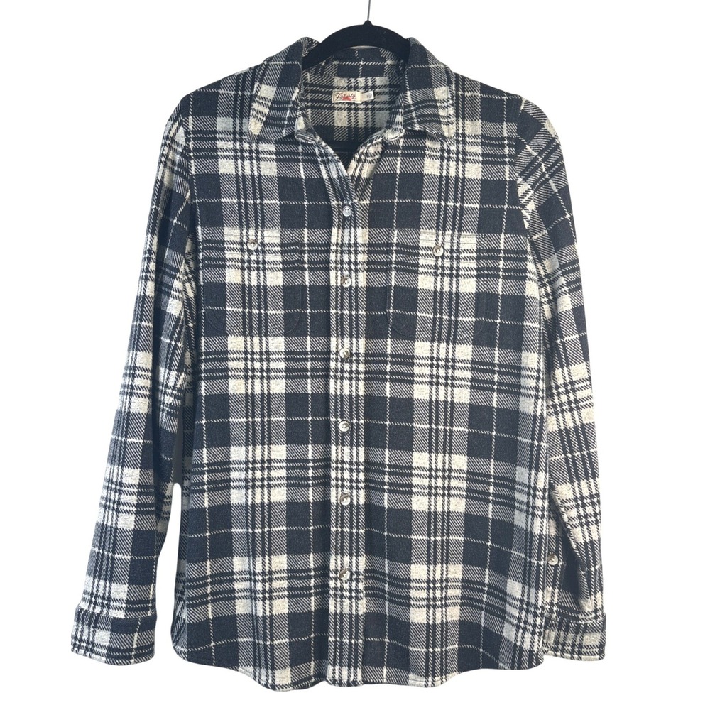 Faherty Legend Flannel Shirt Womens Medium Black Cream Plaid Knit Button Down
